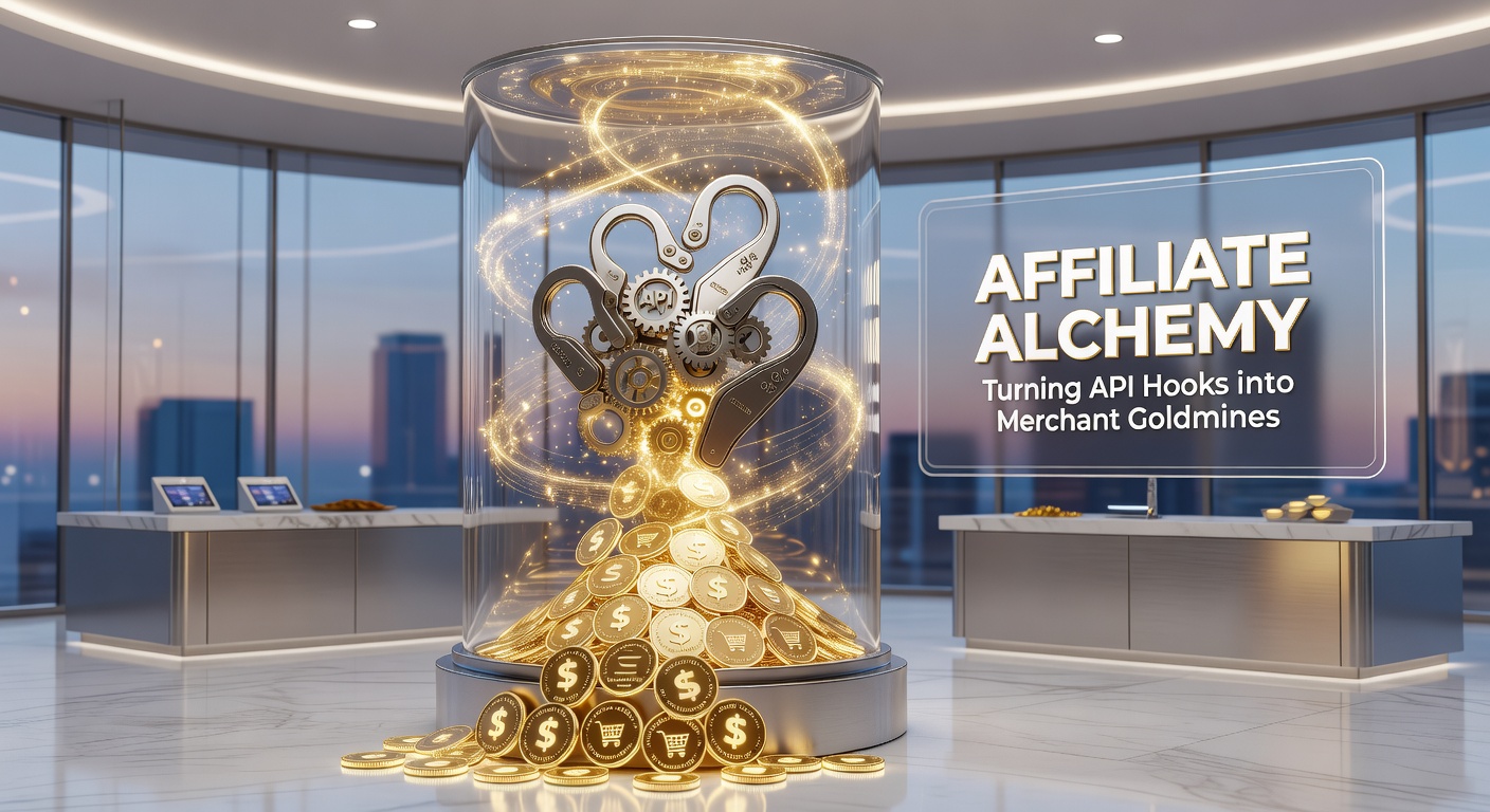 Digital illustration showing API hooks morphing into streams of gold coins flowing into merchant vaults, symbolizing revenue transformation in affiliate programs