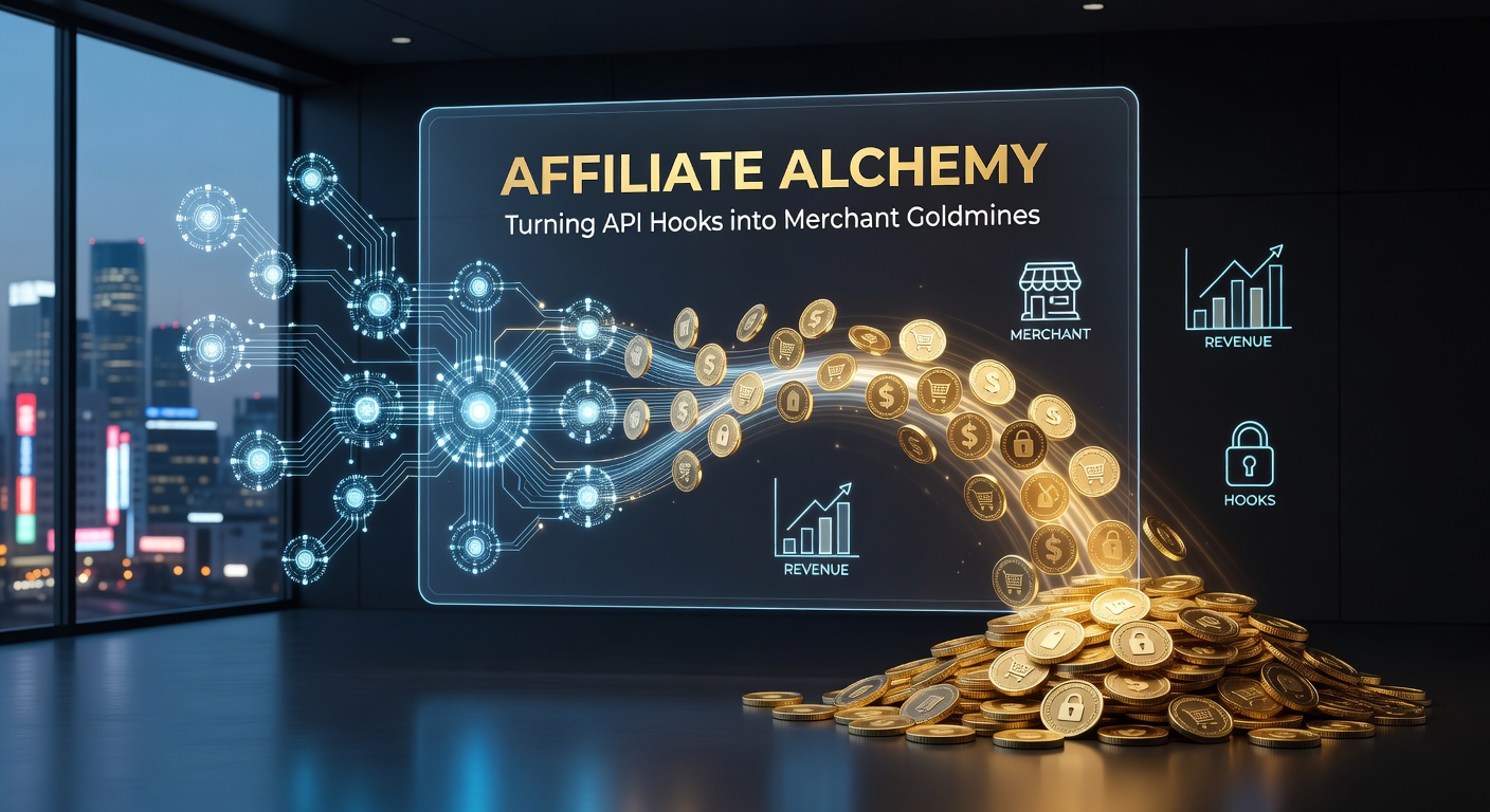 Close-up graphic of a merchant dashboard displaying live API hook notifications, with revenue metrics spiking in real-time during an affiliate campaign