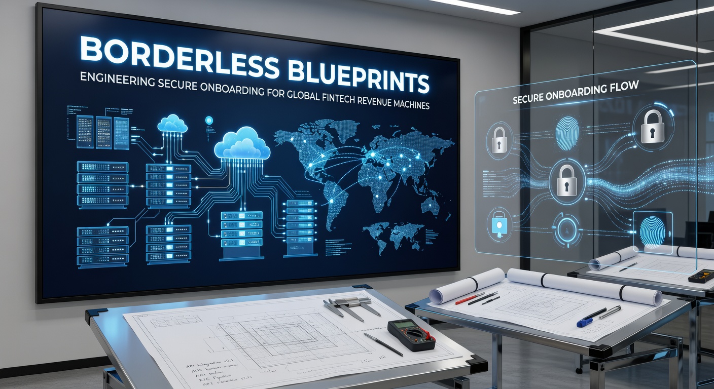 Digital blueprint overlay on a world map highlighting secure fintech data flows across borders, with nodes representing compliance checkpoints in Europe, Asia, and the Americas