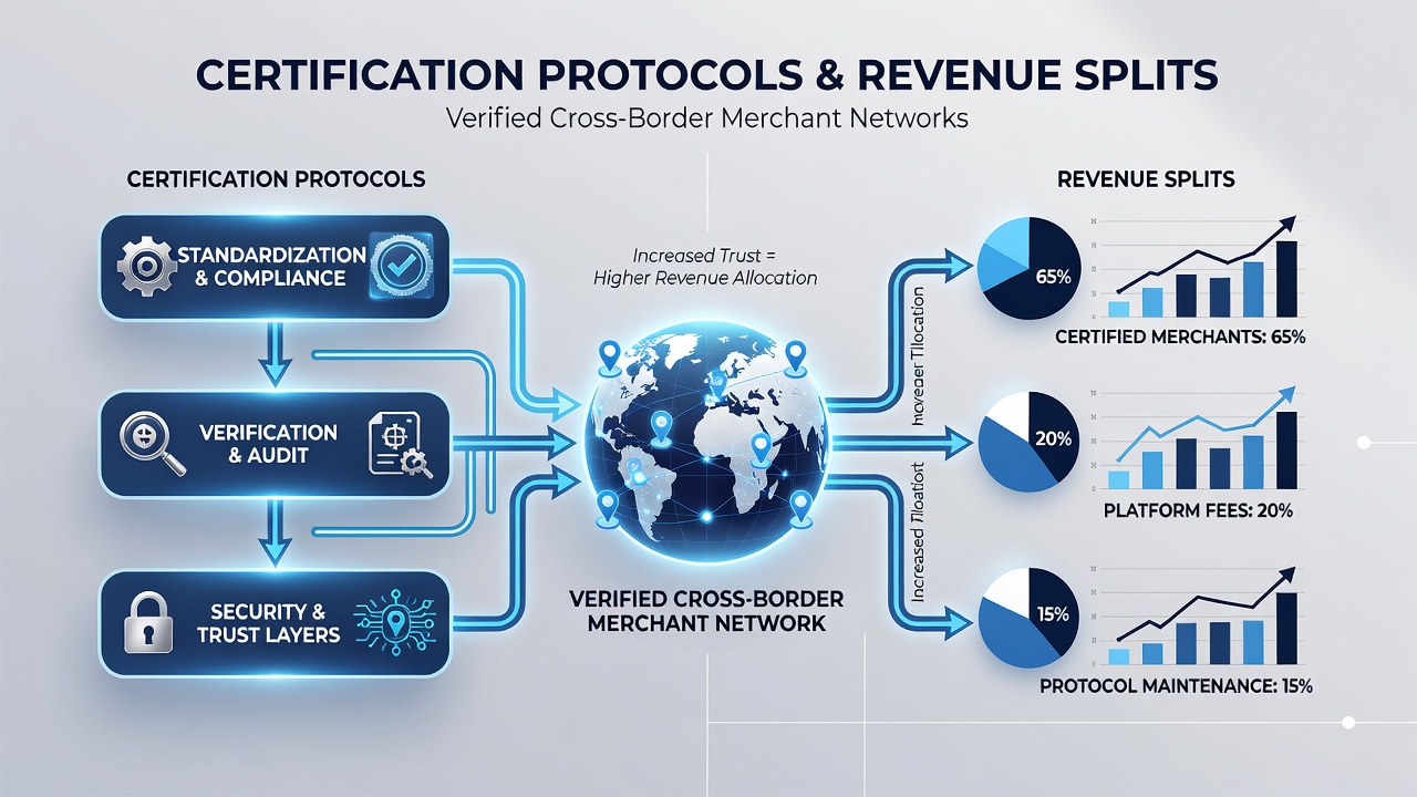 Data visualization showing certification levels correlated with revenue split percentages in merchant networks