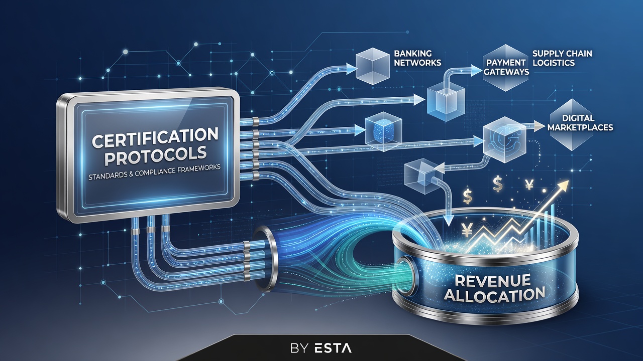 Global transaction network diagram displaying certification checkpoints and revenue flow pathways