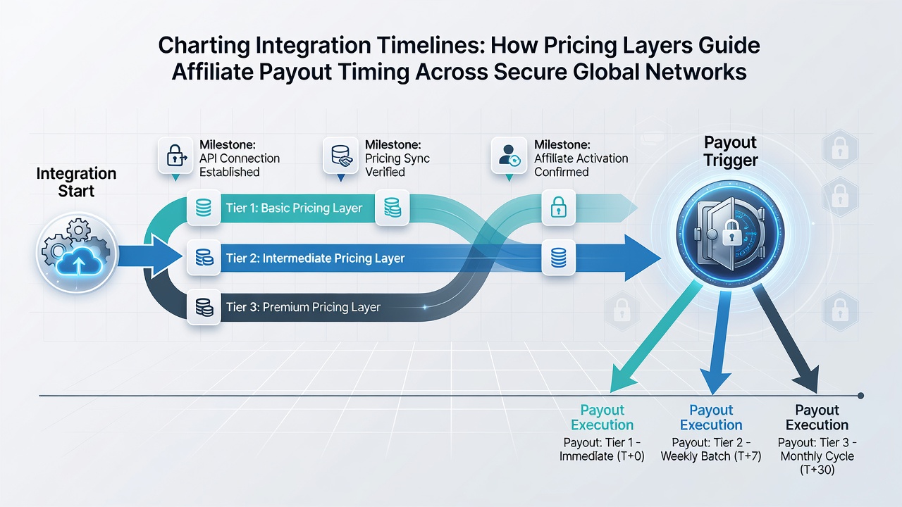 Flowchart illustrating security audit checkpoints intersecting with pricing layer activations and resulting affiliate payout schedules