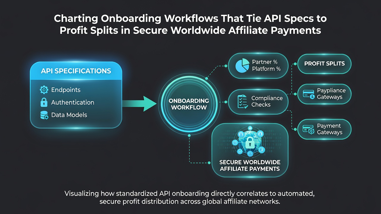 Flowchart illustrating secure API-driven profit split calculations during global affiliate onboarding processes