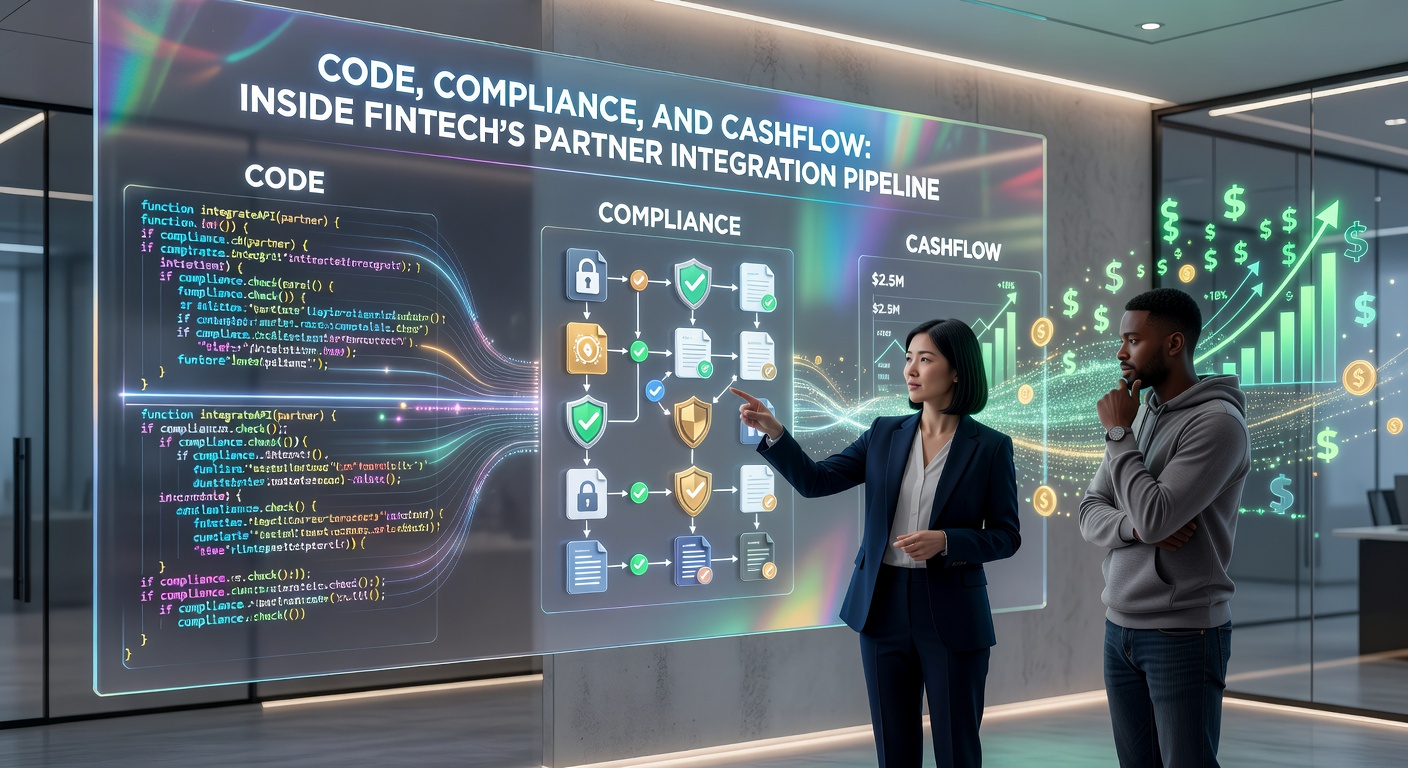 Visual diagram illustrating the interconnected stages of code development, compliance checks, and cashflow optimization in a fintech partner integration pipeline, with arrows showing data and money flows between partners.
