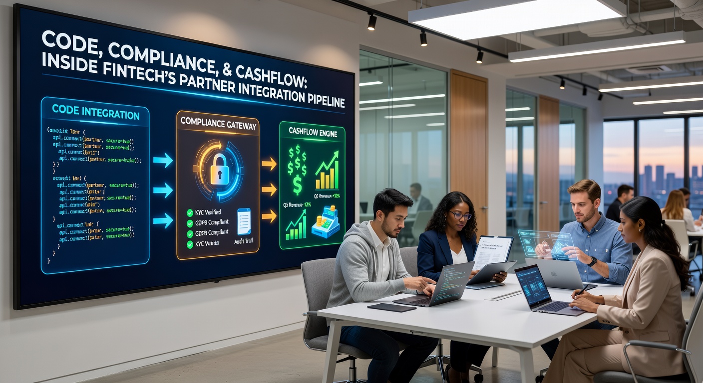 Infographic depicting compliance checkpoints in a fintech pipeline, with icons for regulatory approvals, data privacy seals, and audit logs flowing alongside code and cash streams.