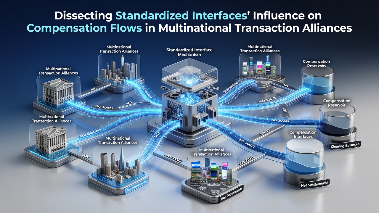Diagram showing standardized interfaces connecting payment systems across multiple countries with compensation flow arrows