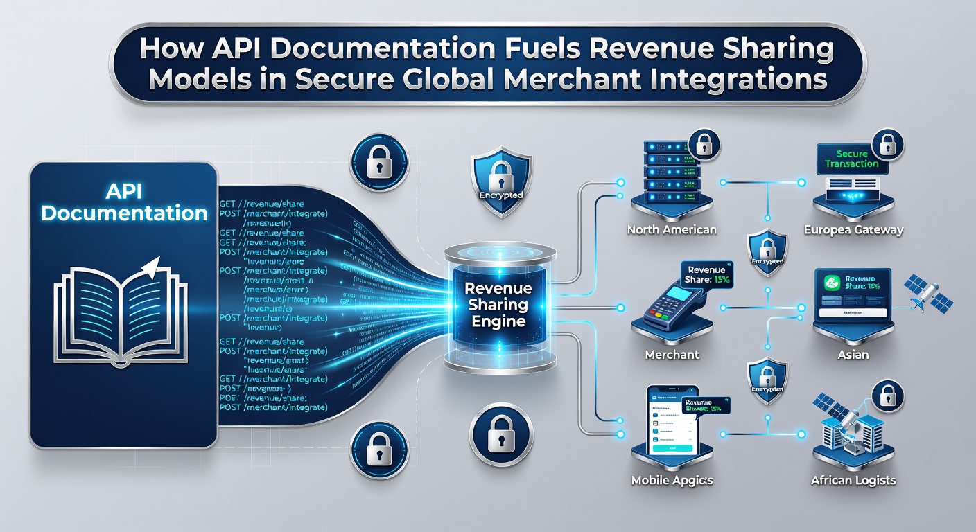 Diagram showing API documentation flow into secure merchant integrations and revenue sharing across global regions