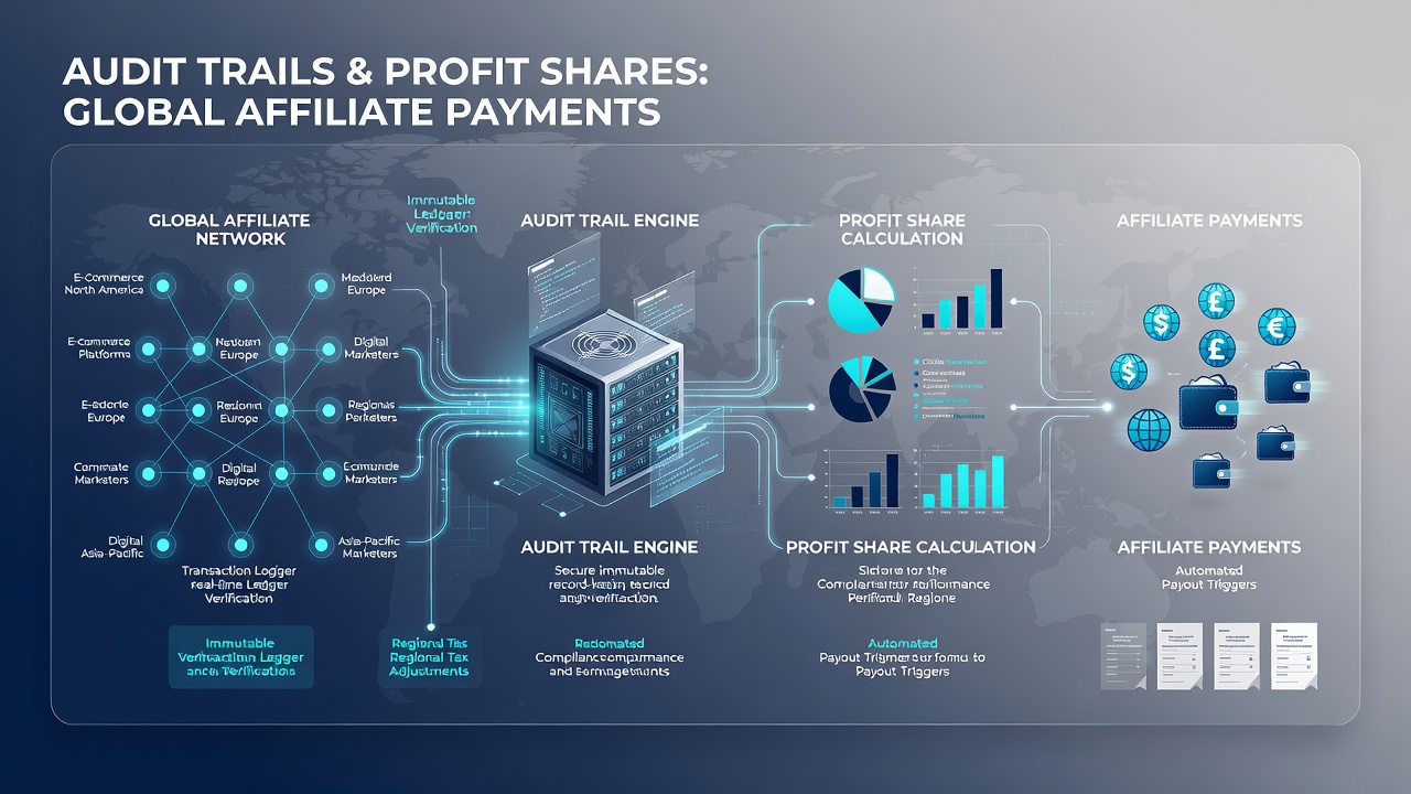 Global affiliate network diagram illustrating how audit data flows into revenue distribution models