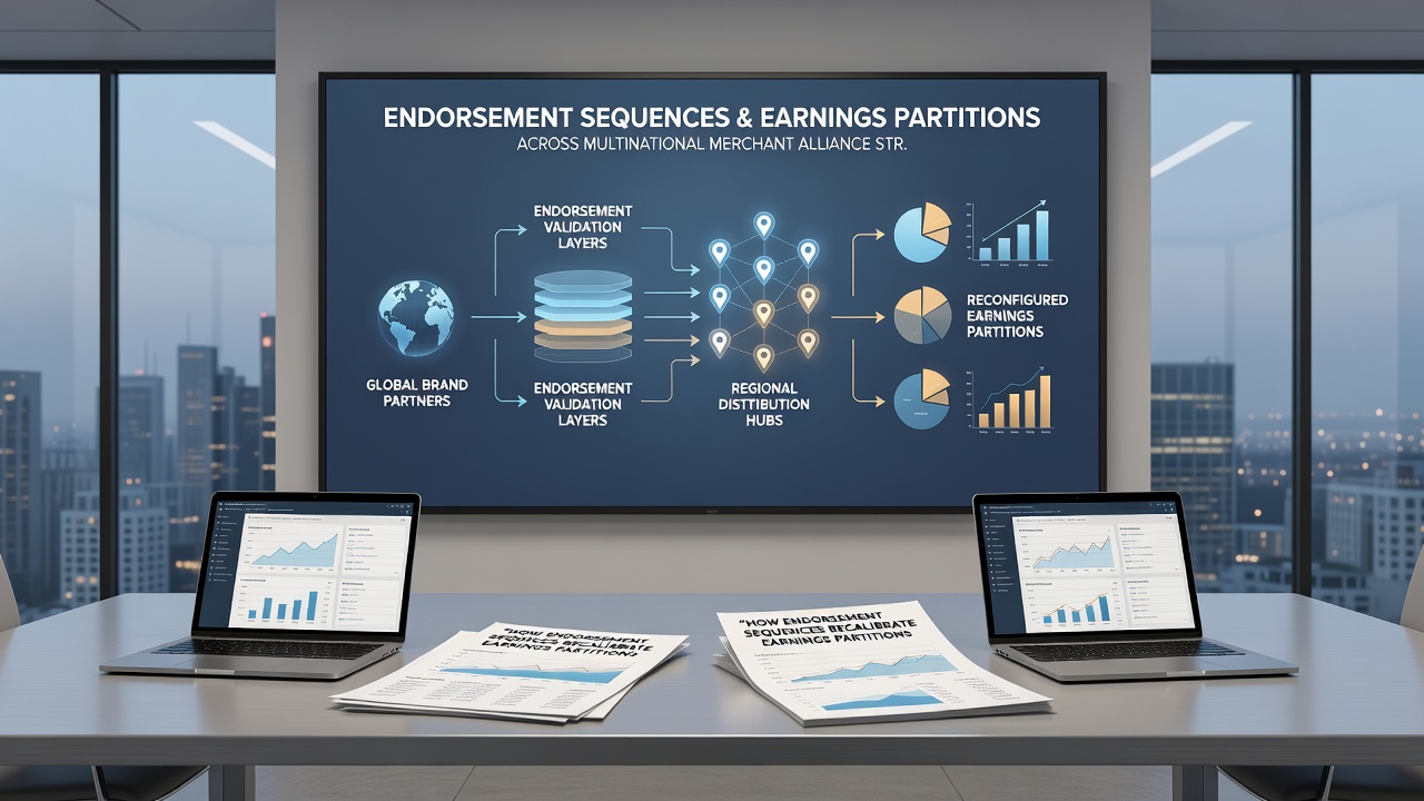 Flowchart illustrating regional endorsement sequence variations and their effects on earnings partitions in merchant alliances