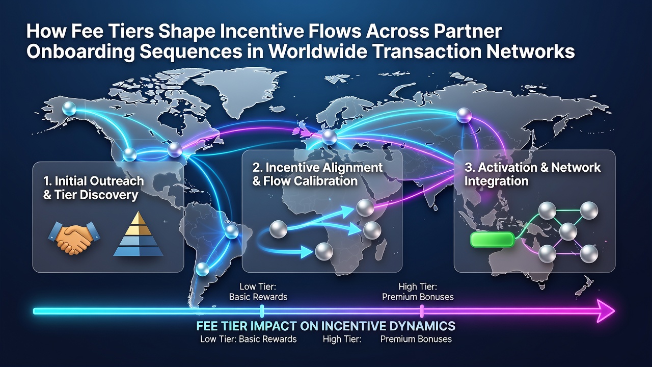Diagram illustrating fee tier structures and their impact on partner onboarding incentives in global transaction networks