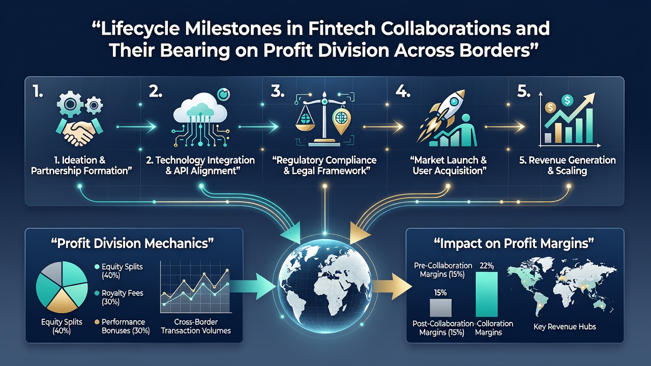 Infographic of cross-border fintech scaling milestones and corresponding profit share adjustments between partners