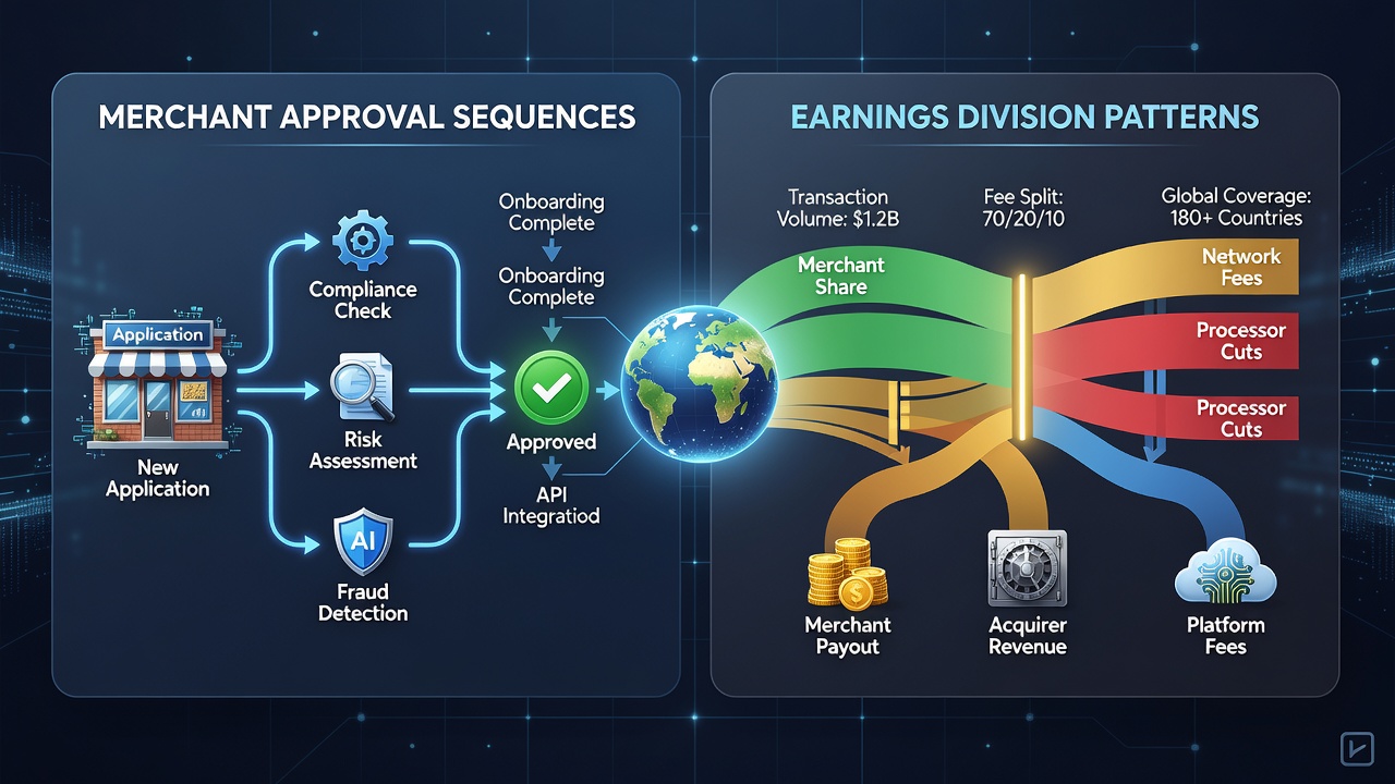 Flowchart showing earnings distribution stages linked to merchant onboarding checkpoints in worldwide payment systems