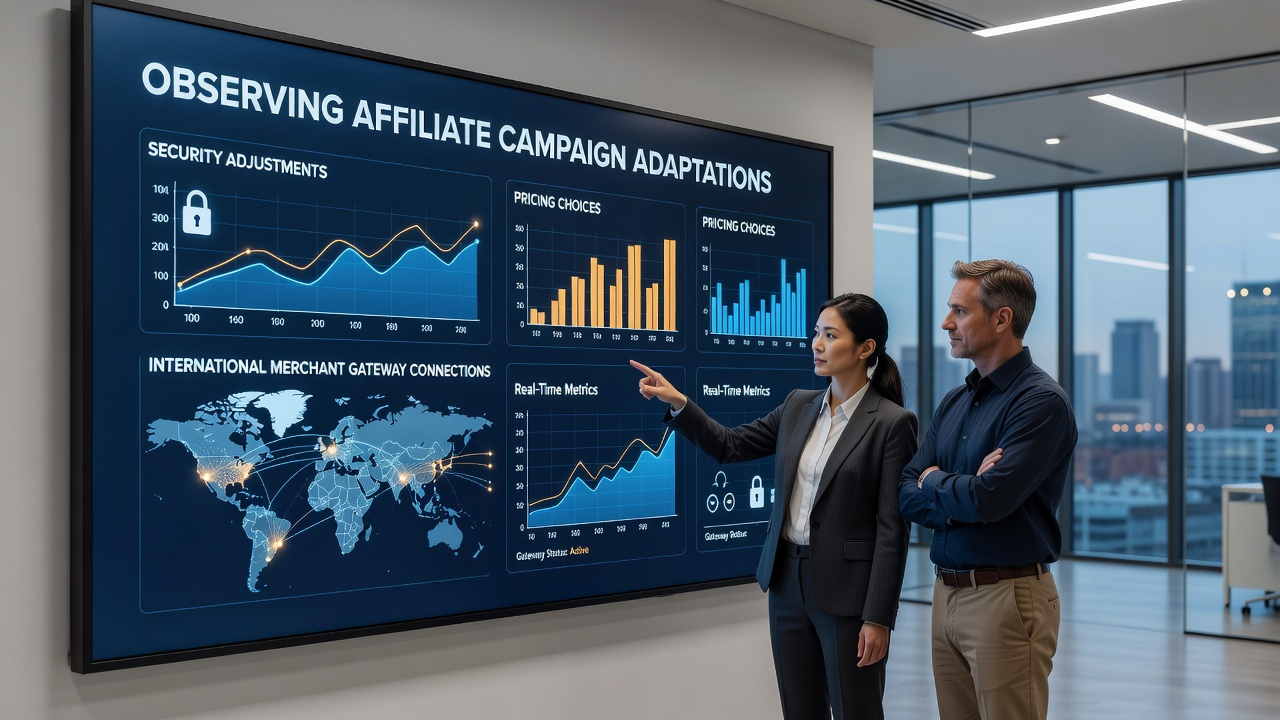Affiliate campaign dashboard displaying security protocol updates alongside pricing tiers in merchant gateway integrations