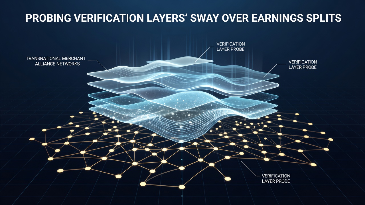 Diagram illustrating verification layers in transnational merchant networks and their connection to earnings distribution