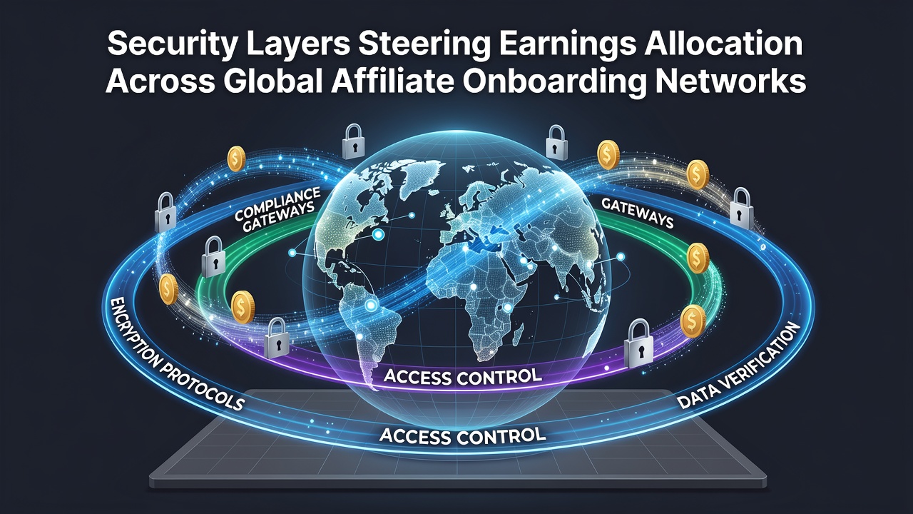 Diagram showing security protocols influencing revenue distribution across affiliate onboarding platforms in global payment networks