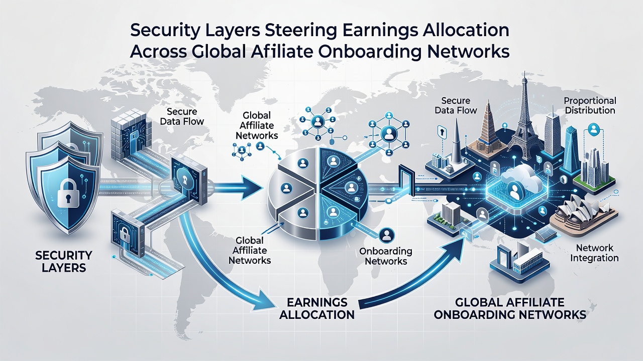 Flowchart illustrating how compliance checkpoints redirect earnings among affiliates in transnational merchant onboarding systems