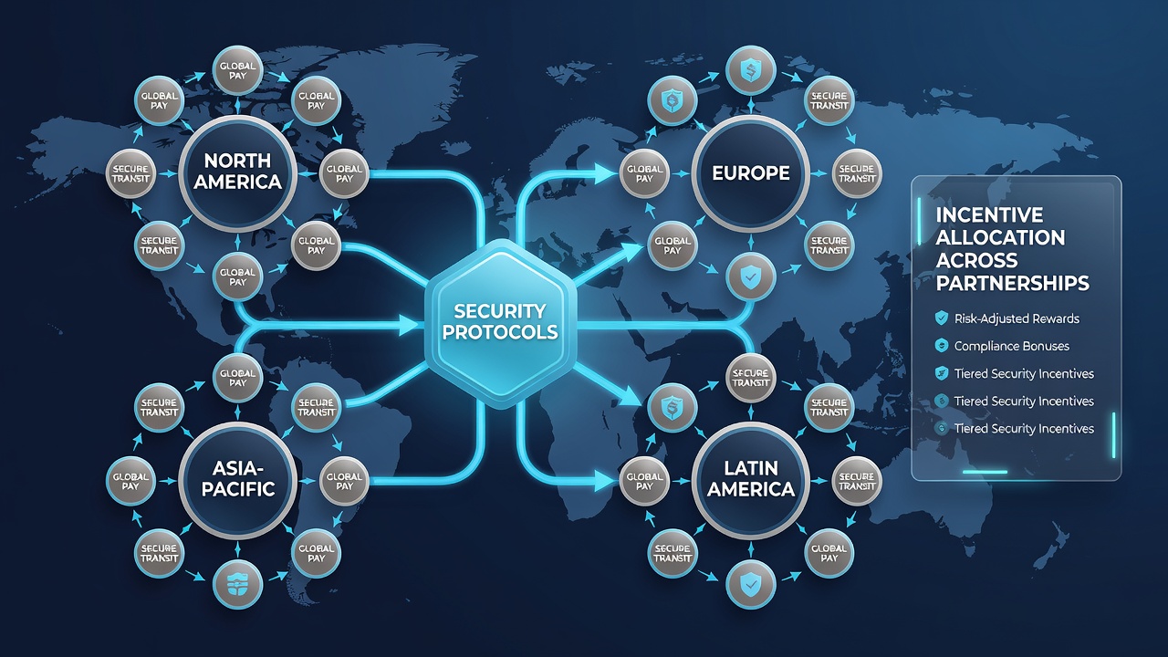 Cross-border payment flow diagram highlighting security checkpoints that adjust incentive percentages