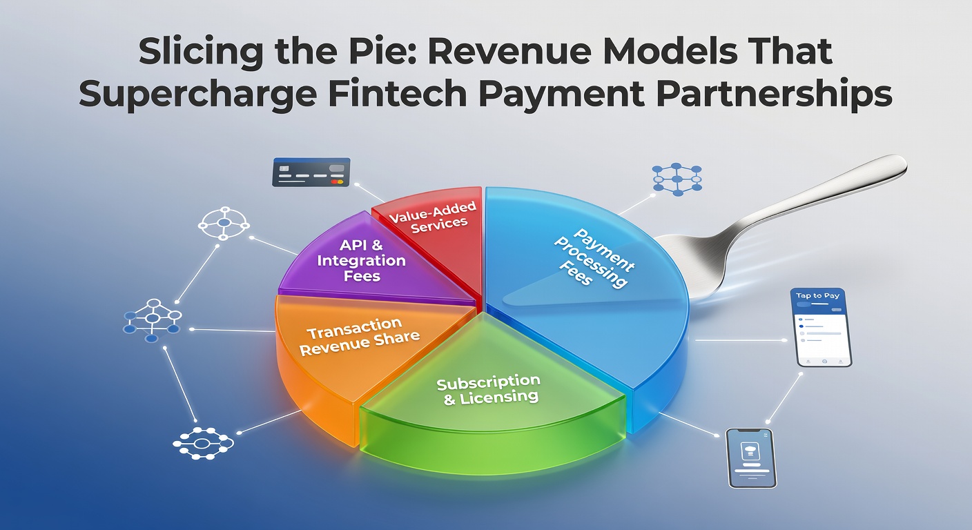Graphic illustrating pie chart divided into fintech revenue shares among payment partners, with arrows showing growth in partnerships