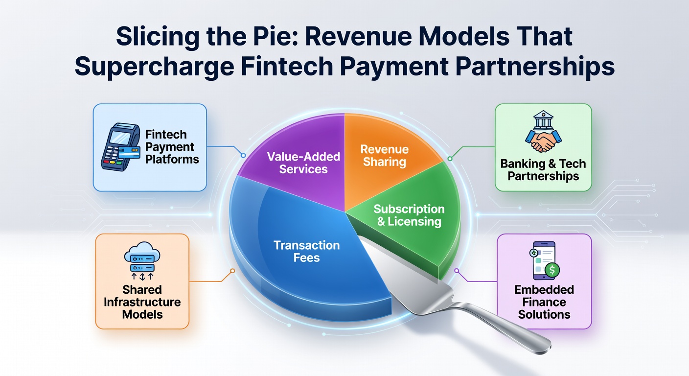 Infographic showing revenue model comparisons in fintech, with bars for transaction fees, shares, and subscriptions across global partnerships