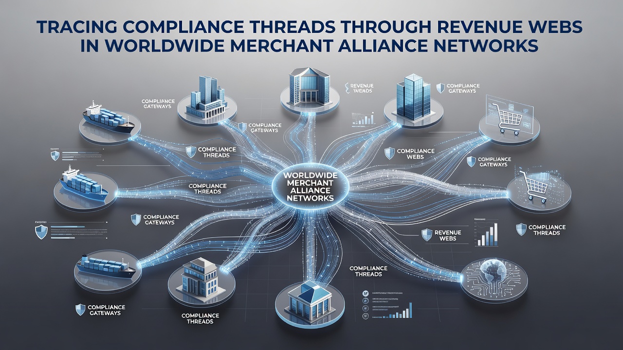 Flowchart showing how compliance documentation routes through revenue allocation points in merchant alliances
