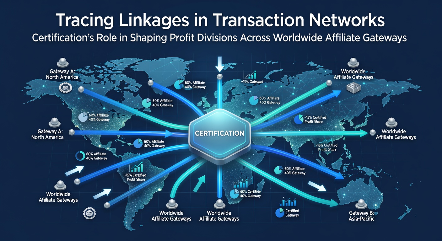 Diagram showing interconnected transaction nodes with certification markers across global affiliate pathways