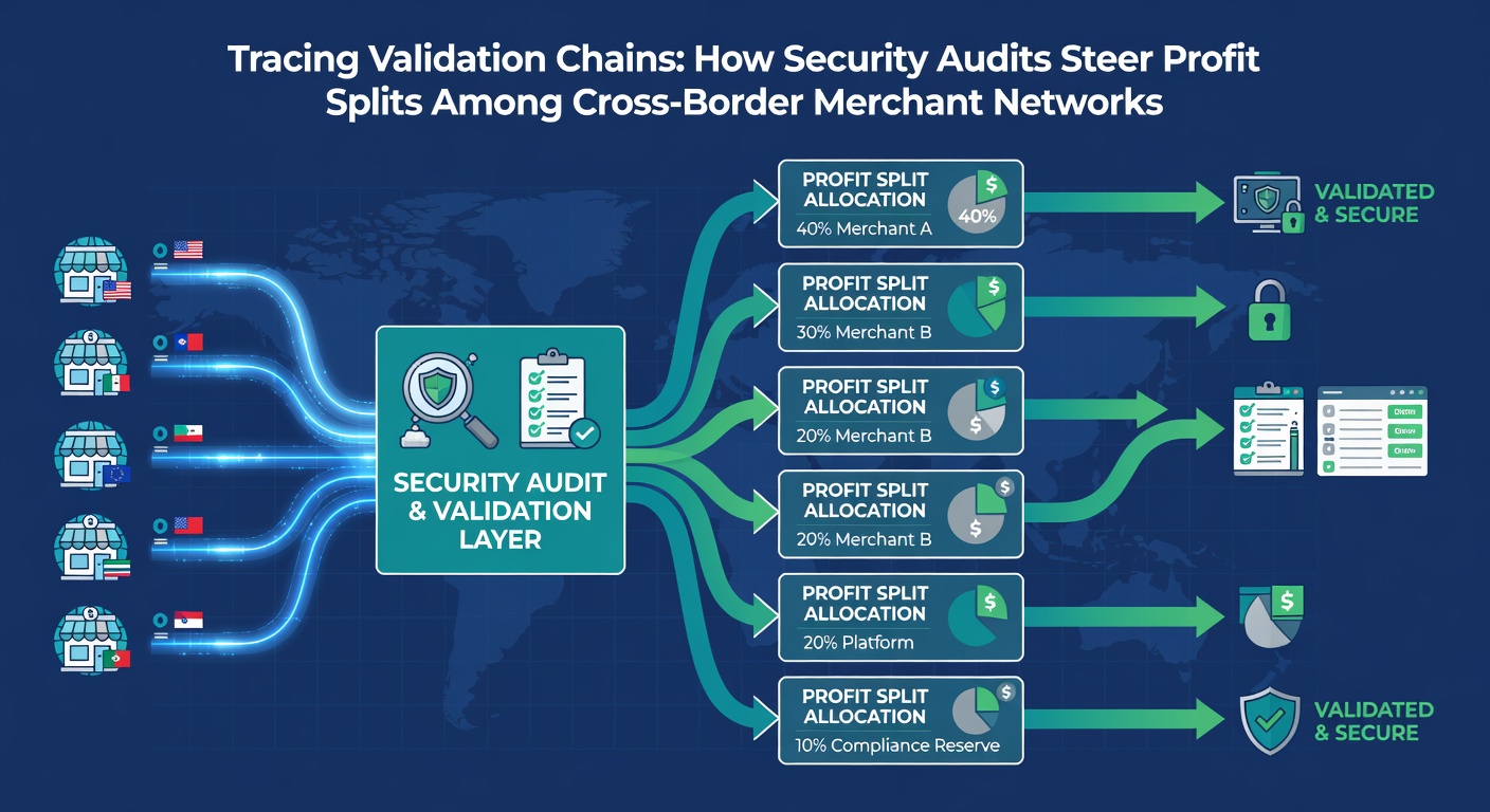 Infographic illustrating security audit impacts on profit allocation in transnational merchant ecosystems