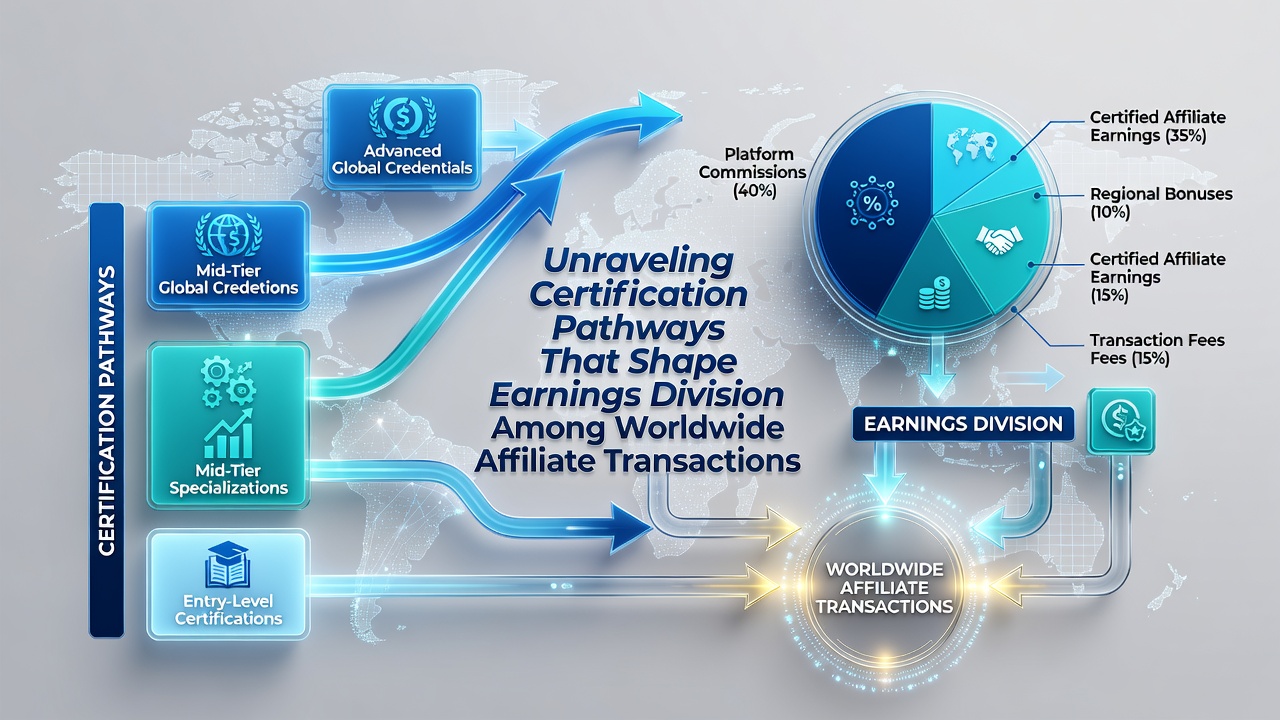 Global map highlighting certification hubs and earnings distribution patterns in affiliate transaction networks
