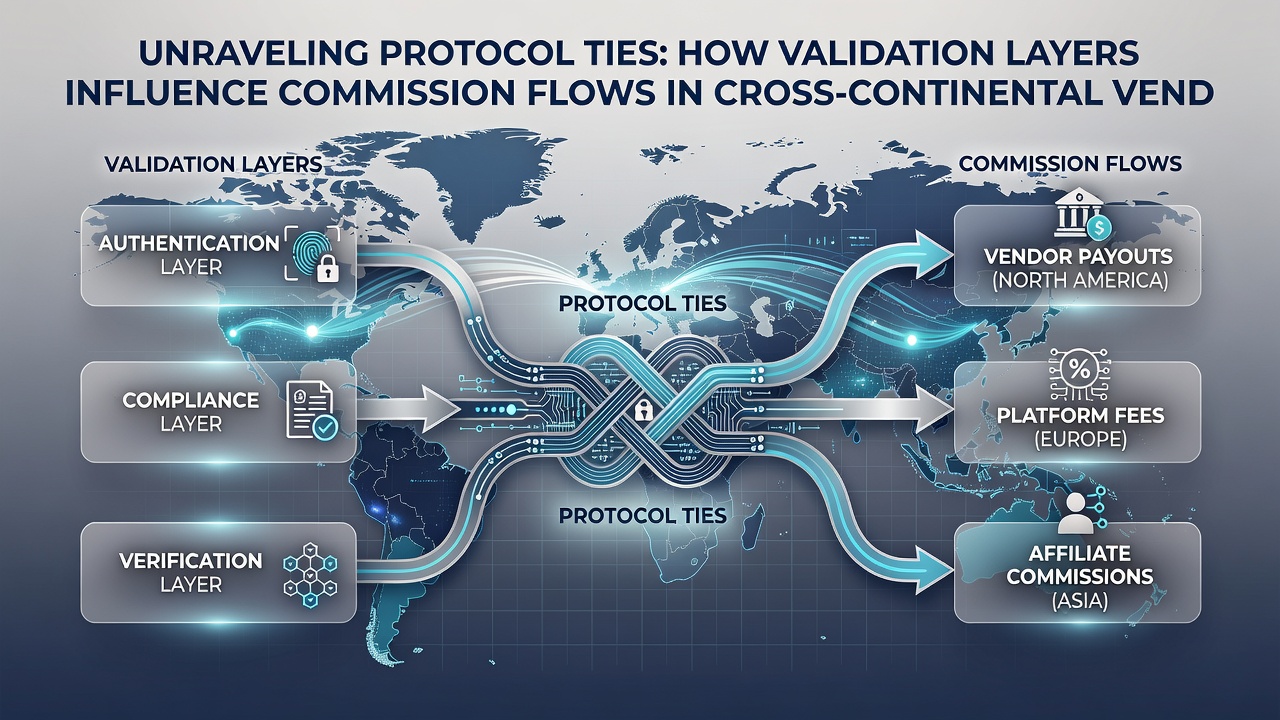 Illustration of layered validation processes directing commission flows between vendors on different continents