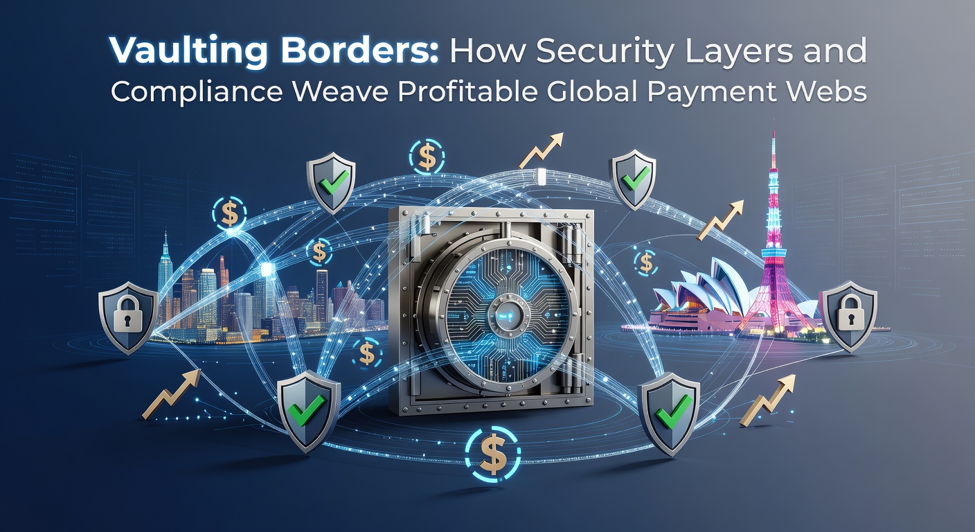 Digital vault overlaying a world map with interconnected payment nodes and security shields protecting cross-border flows