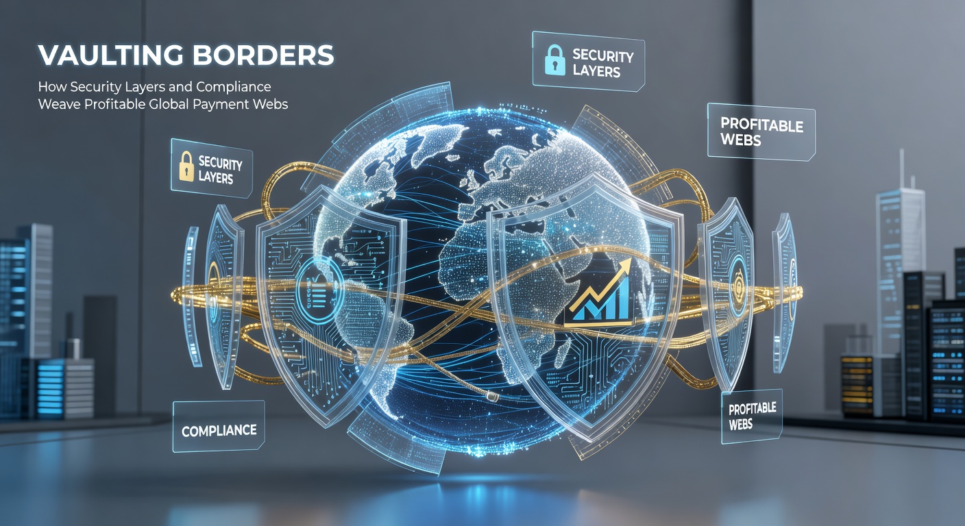 Interlocking gears representing compliance frameworks, security protocols, and revenue streams forming a global payment network
